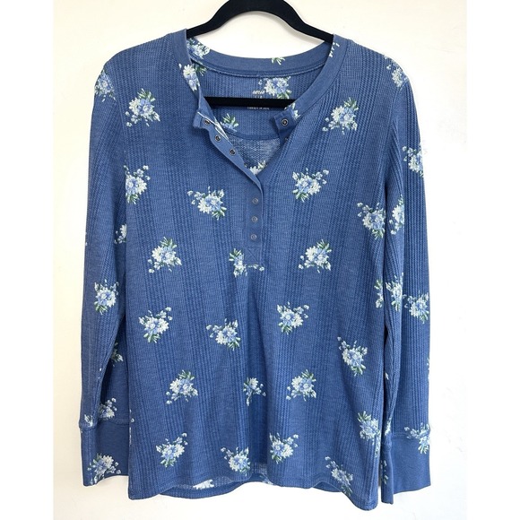 aerie Tops - Aerie Waffle Knit Thermal Henley Shirt Women's Large Floral Long Sleeve Snap